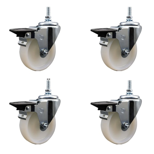 4 Inch Nylon 38 Inch Threaded Stem Caster Set with Brake